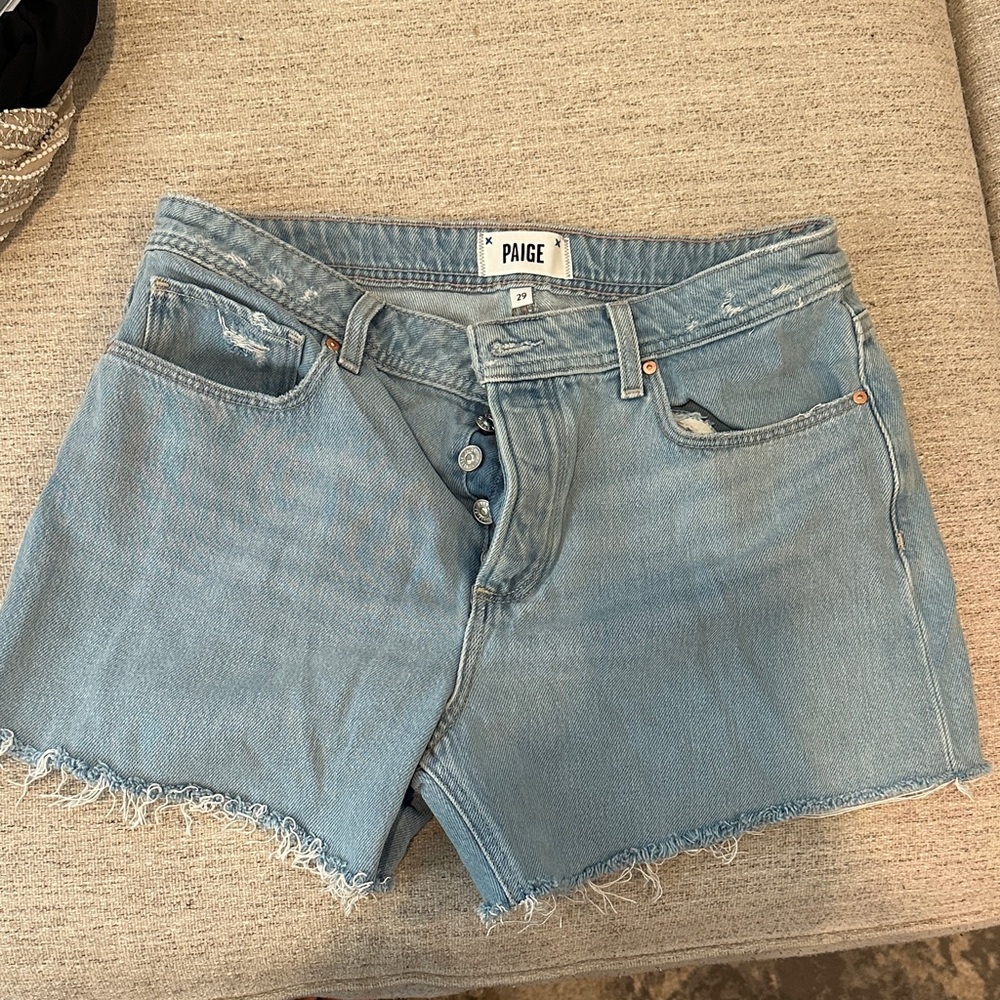 PAIGE Light Blue Distressed Jean Shorts